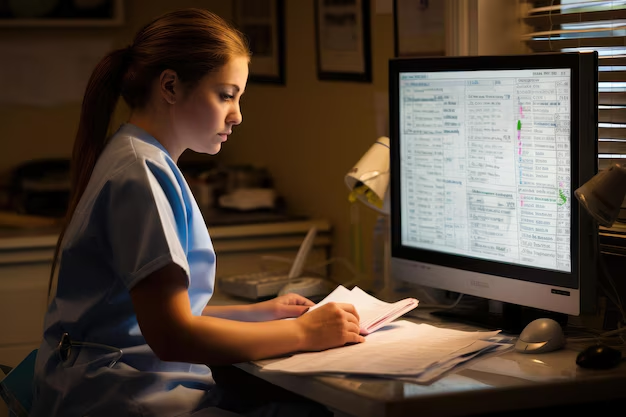 Infirmière à domicile rédigeant une transmission depuis son smartphone